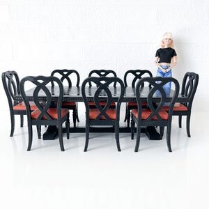 One-of-a-Kind Miniature Oak Wood Dining Trestle Table & 8 Chair Set 1:6 Scale